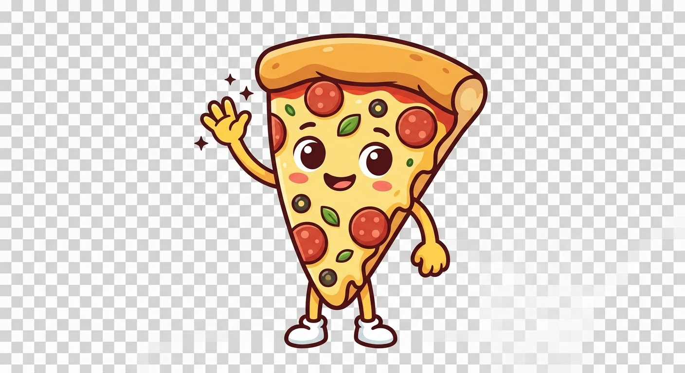 A cute, friendly mascot of a happy pizza slice character with big eyes and a smile, cheerfully waving goodbye. Modern flat vector art style, warm colors.